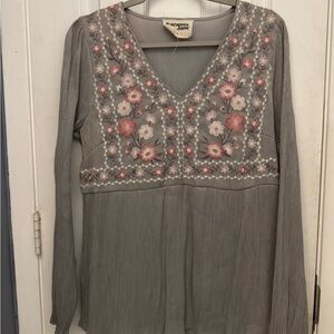 Savanna Jane Gray V-Neck Blouse with Pink Floral Embroidery